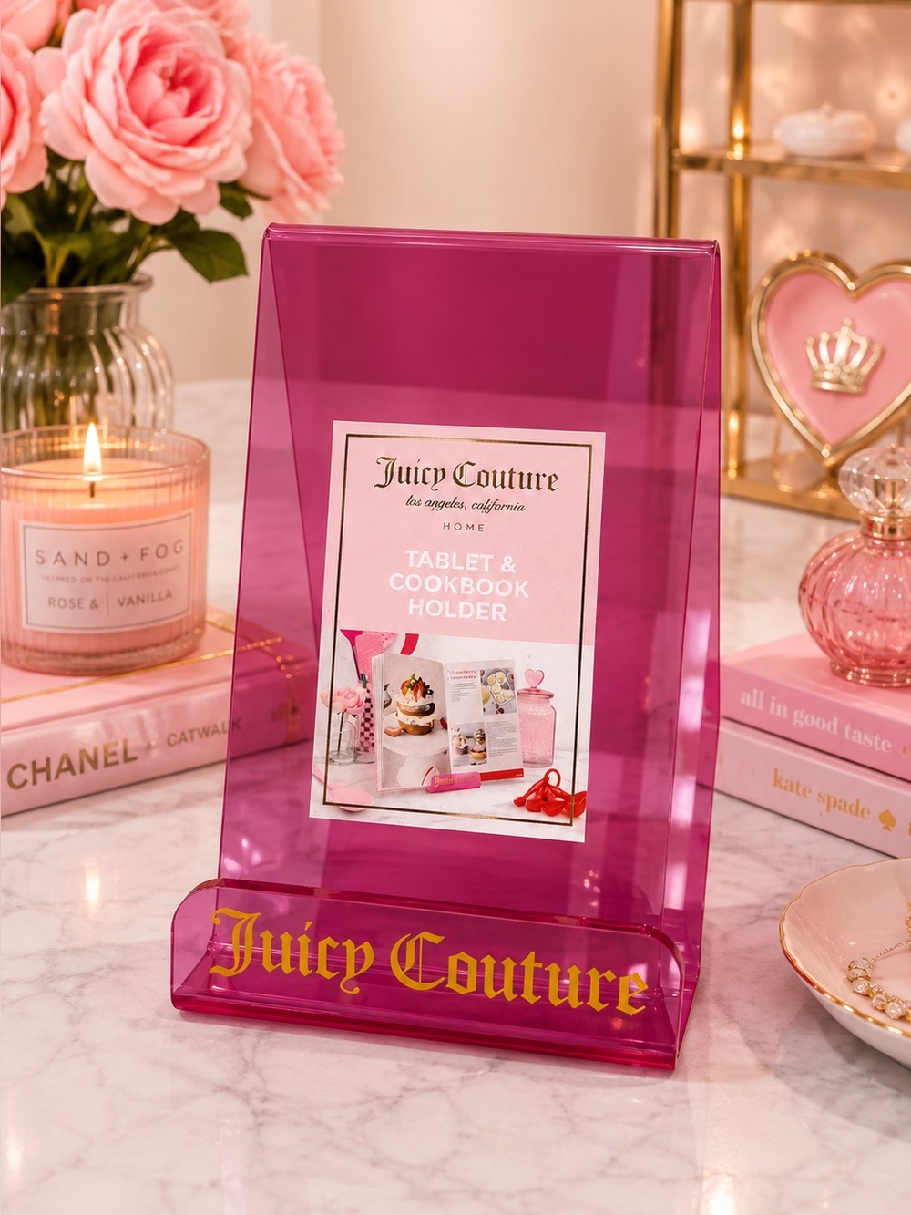 Juicy Couture Hot Pink Acrylic Tablet & Cookbook Stand with Gold Logo